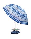 OutdoorMaster Beach Umbrella with Sand Bag - 6.5ft Beach Umbrella with Sand Anchor, UPF 50+ PU Coating with Carry Bag for Patio and Outdoor (New Version-Blue/White Striped with Cup Holder)