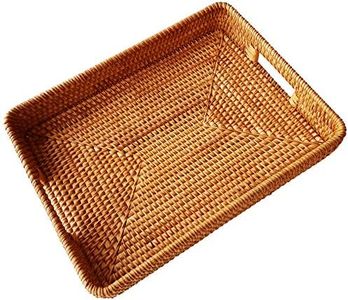 i-lan 17 Inch Oversize Handmade Rectangular Serving Trays with Cutout Handles and 2.3” Wall,Decorative Rattan Woven Storage Baskets Organizer Plate Tray for Bread,Fruits,Catch All Dish,XL,Brown