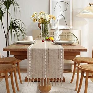 GSG Farmhouse Table Runner Boho Style Linen 72 Inch Long, Handmade Rustic Table Runner with Tassels for Holiday Party Dining Room Kitchen,13“ x 72” Long Dresser Scarf,Khaki
