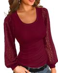 Basicspace Womens Balloon Bell Long Sleeve Ribbed Shirts Slim Fitted Blouses Round Neck Cute Tshirts Top Fall Clothes Fall Clothes Tunics Teal（Medium,Wine Red