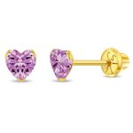 14k Yellow Gold 5mm Simulated Pink Tourmaline Birthstone Heart Screw Back Earrings for Baby Girls- Lovely CZ Hearts Studs for Girls- Small Stud Earrings for Children- October Birthday Jewelry Gift