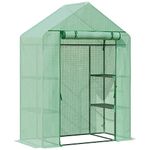 Outsunny Walk-in Small Greenhouse with Shelves, Outdoor Green House Grow House with Waterproof PE Cover and Roll-up Door, 143x73x195cm, Green