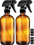 Empty Amber Glass Spray Bottle - Large 16 oz Refillable Container for Essential Oils, Cleaning Products, or Aromatherapy - Black Trigger Sprayer w/ Mist and Stream Settings-2 Pack