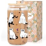 LEADO Halloween Cat Ghost Iced Coffee Cup, Halloween Glass Cup with Lids & Straws, 16 oz Cute Halloween Bat Spooky Tumbler - Boo Basket Stuffers, Halloween Fall Gifts for Cat Lover, Women, Her