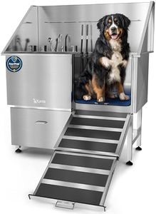 KANIS Professional Stainless Steel Dog Bathing Station - Dog Grooming Tub w/Ramp, Storage Drawer, Floor Grate & Faucet/Dog Bathtub for Large, Medium & Small Pets (50", Right RAMP - 1 Drawer)