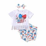 Baby Girl 4th of July Outfit Short Sleeve Tassel Shirt Top Bloomer Shorts Headband Set Cute Summer Clothes, All American Girl, 6-12 Months