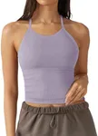 LASLULU Womens High Neck Longline Sports Bra Adjustable Straps Sleeveless Workout Crop Tank Top with Built in Bra Fall Outfits 2024(Hazy Lilac Medium)