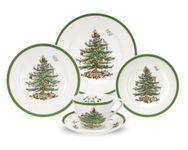 Spode Christmas Tree 5-Piece Setting | Made of Fine Earthenware | Service for 1 | Dinner Plate, Salad Plate, Bread-and-Butter Plate, Teacup and Saucer | Dishwasher Safe