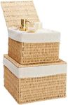Juvale 2-Pack Storage Basket with Lids - Wicker Shelf Baskets for Bathroom Organization, Kitchen Counter, and Home Décor (2 Sizes)