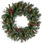 National Tree Company Pre-Lit Artificial Christmas Wreath, Green, Crestwood Spruce, White Lights, Decorated with Pine Cones, Berry Clusters, Frosted Branches, Christmas Collection, 24 Inches