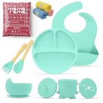 Mamarama 11 Piece Silicone Baby Feeding Set, Complete Mealtime Essentials, Includes Suction Bowl, Plate, Cup with Straw & Snack Lid, Fork, Spoon, Bib, and 3 Napkins for Babies and Toddlers (Mint)