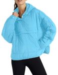 Jawmeu Women's Packable Quilted Puffer Jacket Oversized Lightweight Puffy Pullover Coat Outwear Hoodies with Pockets, Blue, Small