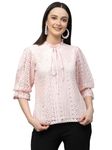 Style Quotient Women Peach Self Design Lace Regular Smart Casual Tops