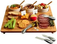 Picnic at Ascot Bamboo Cheese Board/Charcuterie Platter - Includes 3 Ceramic Bowls, Bamboo Spoons, Stainless Steel Cheese Tools, Cheese Markers - Designed and Quality Checked in the USA