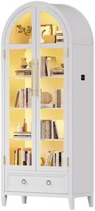 HNEBC Book Shelf with LED Lights, Arched Display Case with Storage Cabinet, Smart File Cabinet with Glass Door, Curio Cabinet with Solid Wood Legs for Home Office/Bedroom Furnniture-White