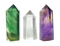 Set of 3 Healing Crystal Wands of 3 Stones: Clear Quartz, Fluorite, Amethyst Pointed & Faceted Prism Bars for Reiki Chakra Meditation Therapy Decor