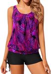 Yonique Blouson Tankini Swimsuits for Women 2 Piece Bathing Suits Tops with Boyshorts Modest Loose Fit Swimwear, Purple Leaf, Large