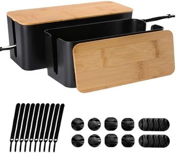 Cable Management Box Organizer,Set of 2 Bamboo Lid Large Storage Wire Holder to Conceal Hide Surge Protector,Power Strips & Floor Cord Cover-with 5 Cables Organized Tape for Home,Office,PC,TV(Black)