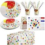 KingGair 121Pcs Party Plates Cups and Napkins, Tablecloth Straws Set, Rainbow Happy Birthday Party Tableware Kids Birthday Decoration for 30 Guests