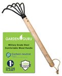 Garden GURU Hand Rake Cultivator Claw Soil Tiller - Military Grade Steel - Rust Resistant - 5 Tine Japanese Ninja Claw - Comfortable Wood Handle - Perfect Pulverized and Aerated Soil