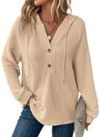 Dokotoo Women's Hoodies Waffle Knit Drawstring Button Womens Pullover Sweatshirt V Neck Long Sleeve Jumpers Women Hooded Tops Plain Casual Ladies Hoodie Top Apricot M