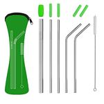 Reusable Metal Drinking Straws Set, Food Grade 304 Stainless Steel Straws with Soft Silicone Tips for Smoothie and Hot/Cold Drinks, Storage Pouch and Cleaning Brush Include