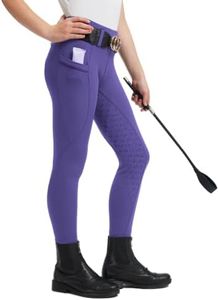 FitsT4 Sports Girls Horse Riding Pants Full Seat Silicone Girls Equestrian Pants Stretchy Kids Breeches Riding Tights Pockets Purple S