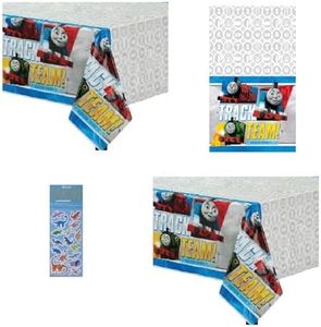 Amscan Thomas The Train Birthday Party Supplies Bundle Includes 2 Plastic Table Covers and 1 Dinosaur Sticker Sheet