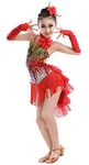 Child Girls Sparkly Dancing Dress Tango Samba Ice Skating Costumes Dance Competition Outfits, Red, 10-11Y