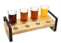 Owlgift Brown Wood Beer Flight Sampler Tray Holder Serving Set w/ 4 Glasses & Bottle Cap Holder & Black Metal Handles, Outdoor Bar Accessory, Drink Stand, Beer Gifts