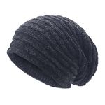 ZLYC Winter Knit Slouchy Beanie Hat for Men Women Thick Fleece Lined Baggy Skull Cap, Solid Navy Blue, Large