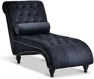 Paddie Velvet Button-Tufted Chaise Lounge Chair Indoor Leisure Sofa Couch w/Bolster Pillow, Nailhead Trim and Turned Legs for Indoor Living Room (Black)