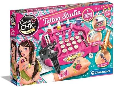 Clementoni- Tattoo Studio, Juego de Tatuajes Totalmente Seguro, con Purpurina Glitter, a Partir de 6 años (18602), Multicolor