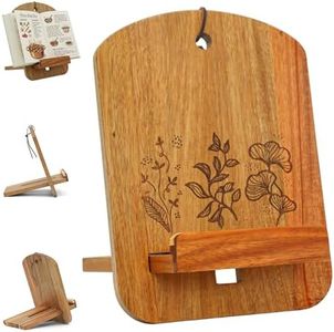 Wood Cook Book Stand for Kitchen Counter - Reversible Acacia Wooden Recipe Book Holder Stand - Cooking Measurement Conversion Card - Gift-Ready Adjustable Tablet Cook Book Holder - Charging Cable Slot