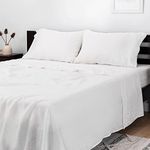 Mellanni 100% Linen Queen Bed Sheets - White Linen Sheet Set Queen Size - Includes Flat Sheet, Fitted Deep Pocket Sheets and 2 Pillowcases - Fits up to 16" Mattress (Queen, White)