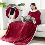 SEALY Electric Blanket Wearable with Foot Pocket, Electric Snuggle Blanket with Sleeves, Flannel & Sherpa Heating Throw with 6 Heat Settings & 2-10 Hours Auto Shut Off, 50 * 70"+18", Red