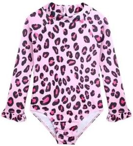 Alakuoti Long Sleeve One Piece Ruffle Swimsuit for Toddler Girls Baby Girl Rashguard Shirt with UPF 50+ Sun Protection (as1, Age, 1_Year, 2_Years, Pink Leopard)
