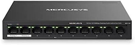 Mercusys 10-Port 10/100Mbps Desktop Switch with 8-Port PoE+, 65W PoE Budget, 2× Uplink Ports, Up to 250m, Isolation Mode for Network Security, Metal Casing, Plug & Play, PoE Auto Recovery (MS110P)