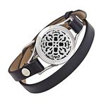 EVERLEAD Carving Round Aromatherapy Essential Oils Diffuser Locket Bracelet 316l Stainless Steel Real Leather Bracelet (style 4)