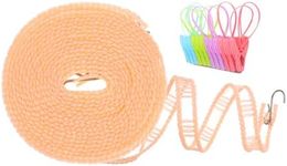 uxcell Windproof Clothesline, 10M 33ft Plastic Non-Slip Clothes Drying Rope with 12 Clips, Portable Washing Line for Outdoor Camping Traveling, Beige