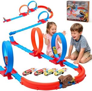 Race Car Track for Kids 37 PCS, 3 Loop Dinosaur Track Set, 4 Pull Back Cars | Kids Race Track Toy for Ages 3-8, 360 Degree Loop Track, Dinosaur Tunnel, Runs Up to 65 Feet on Flat Floor, Birthday Gift