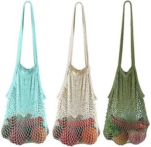 3 Pack Reusable Produce Bags Cotton Mesh Grocery Bags，Portable Washable Long Handle Shopping Bag 100% Cotton Mesh Tote Bag Vegetable Bag for Shopping and Storage Fruit Vegetable