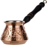 DEMMEX 9 Oz Thick 2mm Copper Turkish Greek Arabic Engraved Coffee Pot Stovetop Coffee Maker Cezve Ibrik Briki with Wooden Handle & Wooden Pot Spoon, for 3 People (Copper)