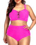 Daci Women Plus Size Two Piece Bikini Swimsuit High Waisted Tummy Control Bottom Bandeau Lace Up Bathing Suit, Hot Pink, Large