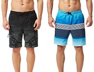 TEX2FIT 2-Pack Men’s Swim Shorts with Zippered Side Pocket, Quick-Dry Stretchy Swim Trunks with Mesh Lining (Camo/Blue Stripes, Large)