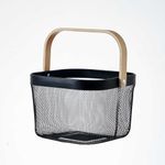 Eden & Willow Mesh Wire Metal Storage Basket with Wooden Handle - Versatile Organiser for Kitchen, Bathroom, Office - Stackable & Durable (Black, Small)