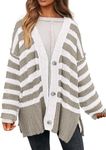 PRETTYGARDEN Women's Winter Striped Cardigan Sweaters Long Sleeve Button Down Open Front Chunky Knit Oversized Sweater Coat (Striped Grey White,X-Large)