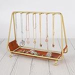 BELLE VOUS Jewellery Holder Display Stand with Brown Leather Base - 14 Hanging Arms & Storage Base - Tabletop Jewellery Organiser Stand for Necklaces, Earrings, Bracelets, Rings & More