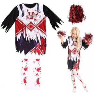 YongSral Costume Halloween Zombie Bambina, Costume Cheerleader Zombie Bambina con Calzini e Pon Pon, Vestito Halloween Bambina Zombie, Costume per feste Cosplay, Halloween e Carnevale (XL)