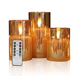 Flickering Flameless Candles,Battery Operated Candles with Remote Control and Timer Function,Gold Glass Effect Moving Electric LED Candle for Party Wedding Home Decor (Set of 3)